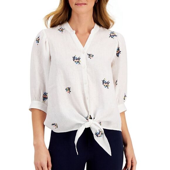 ❤️Last Chance Charter Club Luxury Linen Embroidered 3/4 Sleeve Blouse Top Size M - Picture 1 of 11